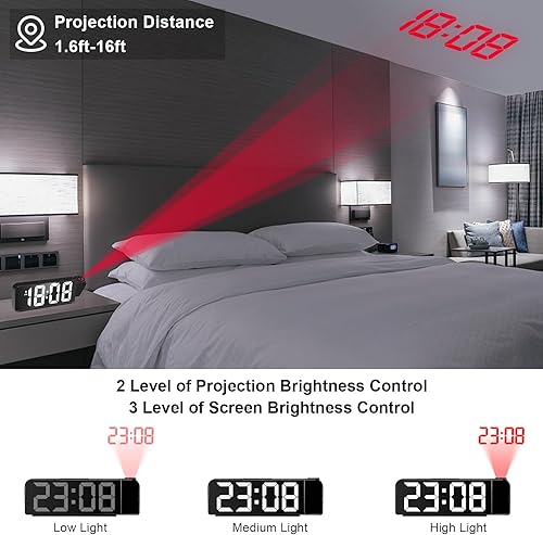 Miniatura 4 de GuDoQi Reloj despertador de proyección, reloj LED para dormitorio, reloj de proyección digital en pared del techo con gran número, temperatura,