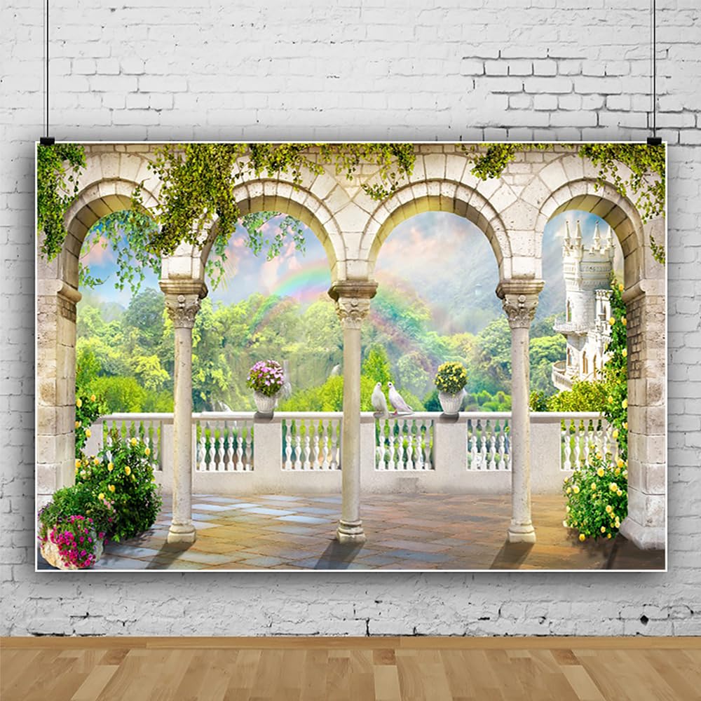 SDOTPMT 10x8ft Romantic Secret Garden Polyester Backdrop Arched Door Wedding Bridal Shower Engaged Theme Party Photography Backdrop Blue Sky Kids Lover Adult Wedding Photo Studio Props - Image 3