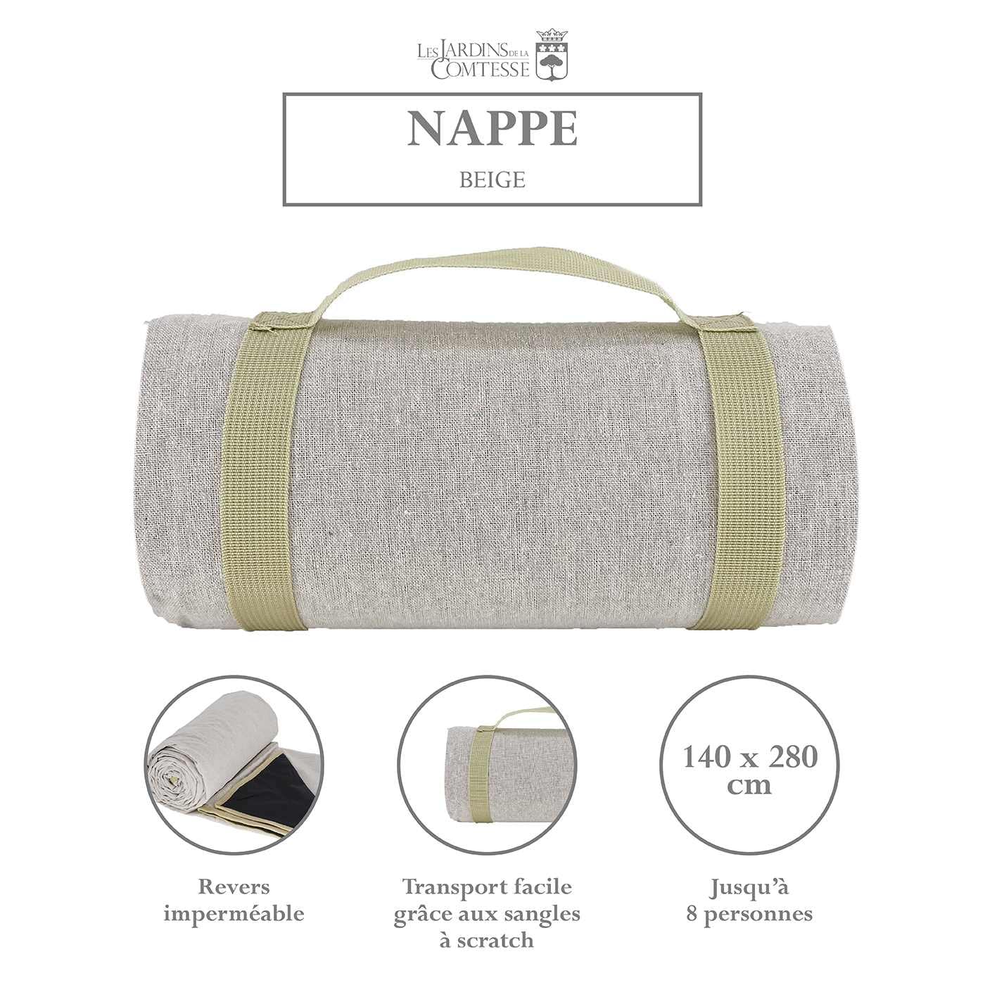Les Jardins de la Comtesse - Rechteckige Picknickdecke XL Beige - Baumwolle wasserabweisender/Rückseite Polyester - 8 bis 12 Pers - Picknickdecke mit Halterung - Auch für Gartentisch - 140 x 280 cm