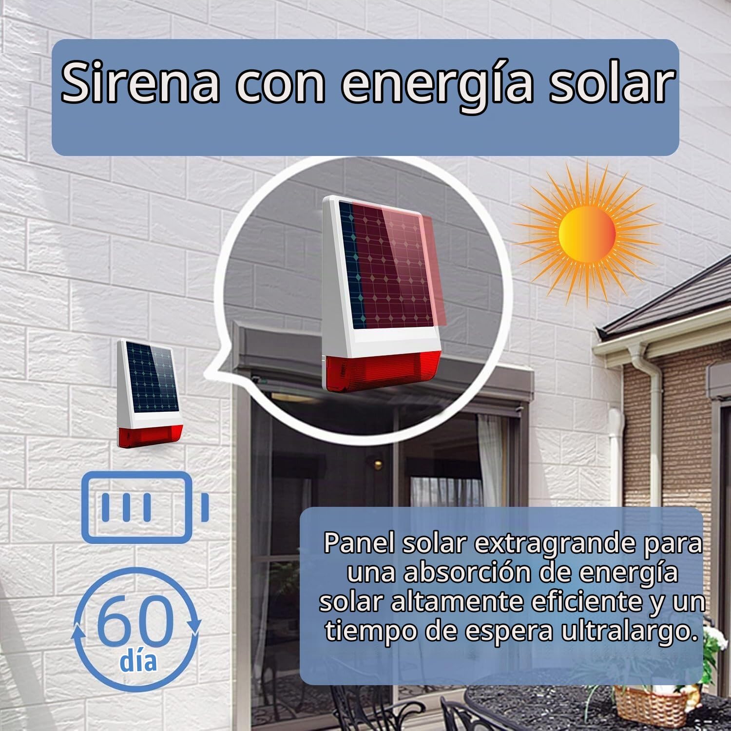 Wolf-Guard JD-W06 Sirena Inalámbrica, 433MHz Exterior Flash LED Solar Estroboscópica como Elemento Disuasorio Adicional, 110db Sirena en Vivo, 12"X7.5", Impermeable