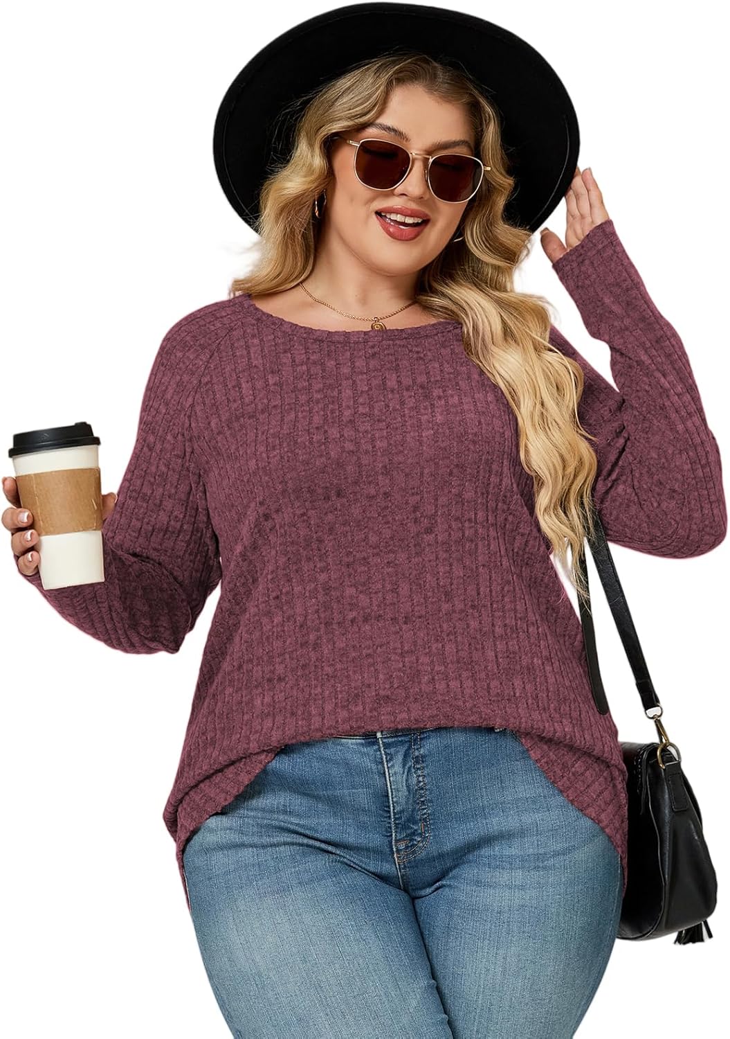 ROSRISS Plus-Size Sweaters for Women Casual Oversized Long Sleeve Crewneck Tops Trendy Dressy Basic Ribbed Knit Shirts XL-5XL - Image 2