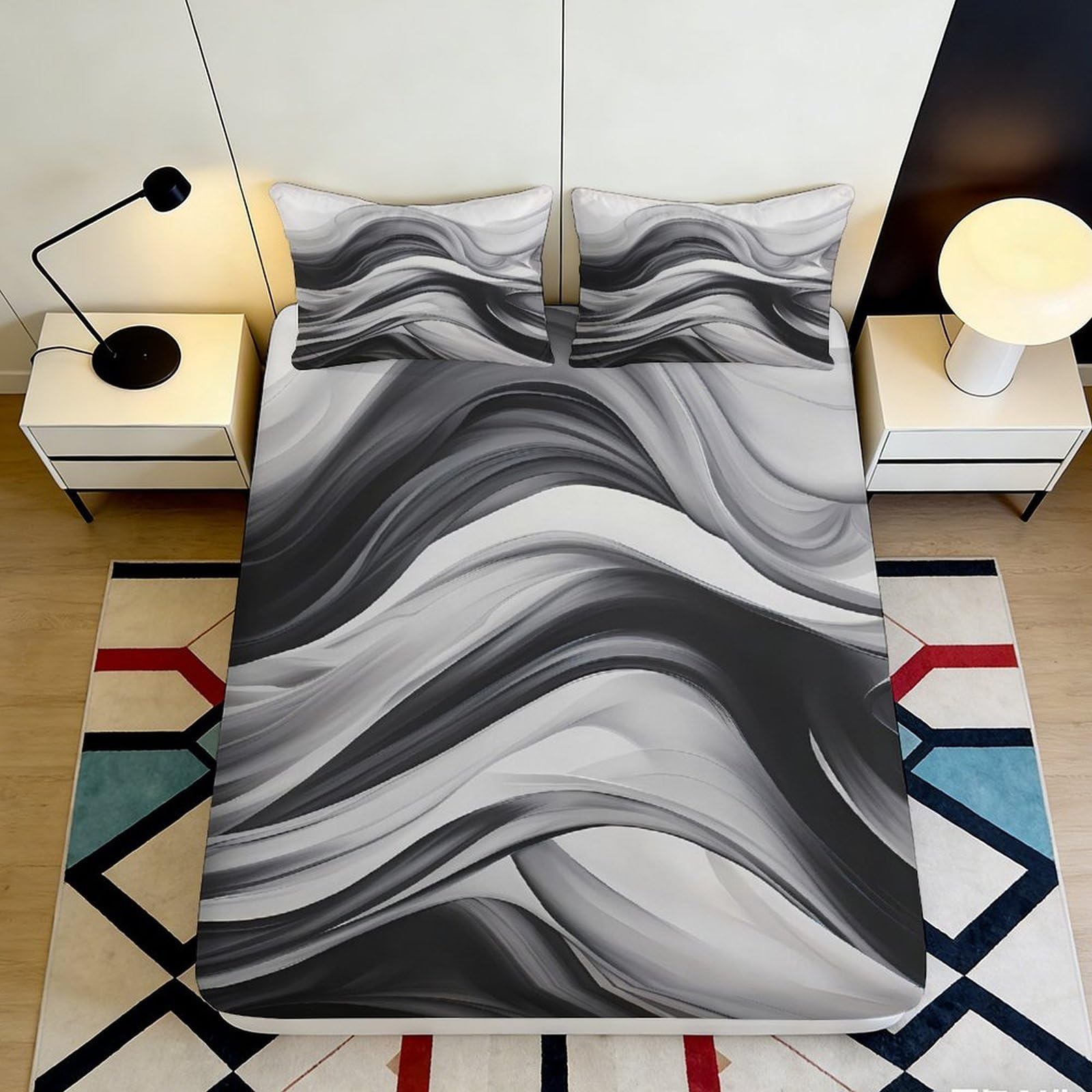 Pnayamiorkfel Style-5 3D Printed Black Wave Fitted Sheet Microfiber Bedroom Decor Grey Swirl Mattress Cover For Home Guest Room Adult Youth 90X200x25cm