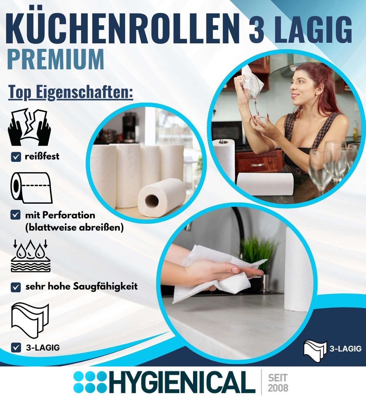 Küchenrollen 3-lagig, Küchenpapier hochweiß, Handtuchrolle aus 100% Zellstoff, Haushaltspapier, Küchenkrepp, 3-lagig, Menge:32 Rollen