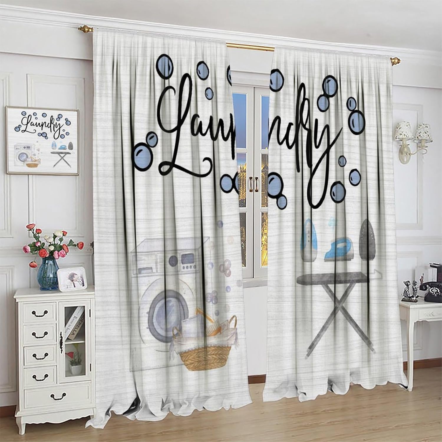 Laundry Room Curtain Rustic Wash Dry Fold Repeat Pattern Blackout Print Rod Pocket Window Drapes for Laundry Kitchen Bedroom Living Room 42x45in