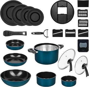 Kelton 3-in-1 Cookware with Pans Pots Lids and Vegetable Cutter 27 Pieces Cookware with Pans and Saucepans with Non-Stick Coating PFOA & PTFE-Free Removable Handle