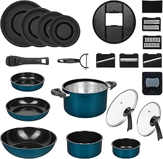 Kelton 3-in-1 Cookware with Pans, Pots, Lids and Vegetable Cutter, 27 Pieces, Cookware with Pans and Saucepans with Non-Stick Coating, PFOA & PTFE-Free, Removable Handle