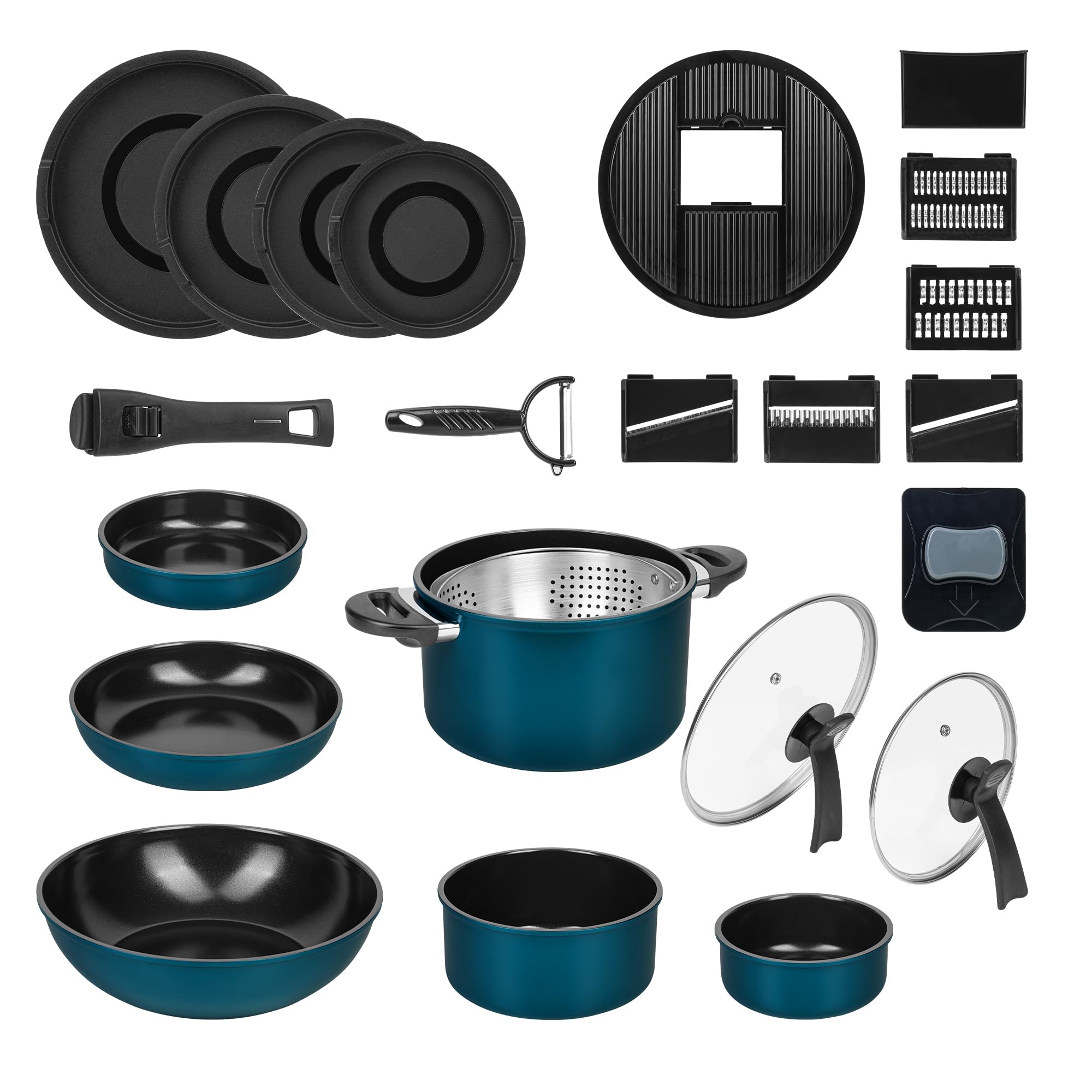 Kochgeschirr Kelton 3 in 1 mit Pfannen, Töpfe, Deckel und Gemüseschneider 27 tlg., Kochgeschirr mit Pfannen und Kochtöpfen mit Antihaft Beschschichtung, PFOA & PTFE-frei, abnehmbarer Griff