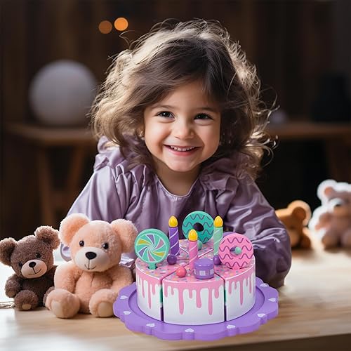 Miniatura 7 de Juguetes de pastel para niños pequeños de 1 a 3 años, comida de madera falsa para cumpleaños, fiesta de té, juguete de regalo de cocina para niños y