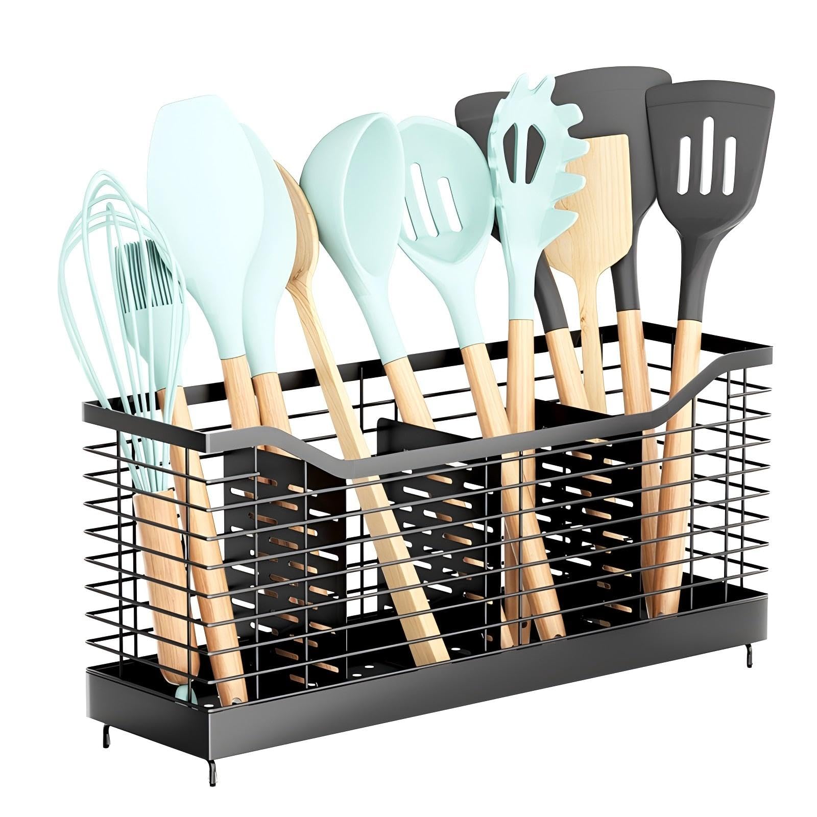 Timenil Black Large Utensil Holder For Kitchen Counter 15.8 In Utensils Holder, Stainless Steel Spatula Holder For Kitchen Storage & Organisation,4 Compartments Utensil Caddy (4 Compartments)