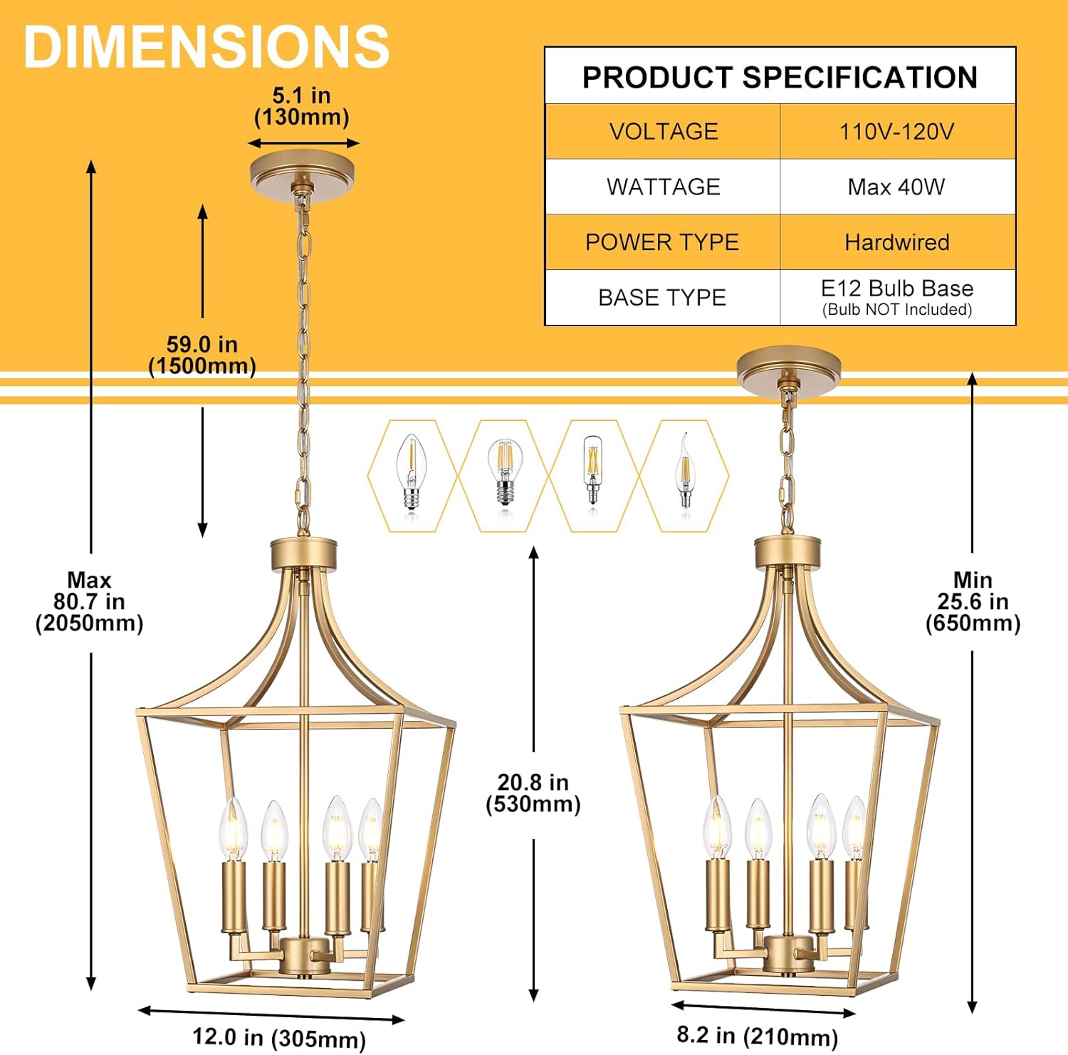 4-Light Gold Lantern Chandelier Adjustable Height, Kitchen Island Lighting Hanging Ceiling Pendant for Over Table Dining Room Foyer, E12 Bulb Base