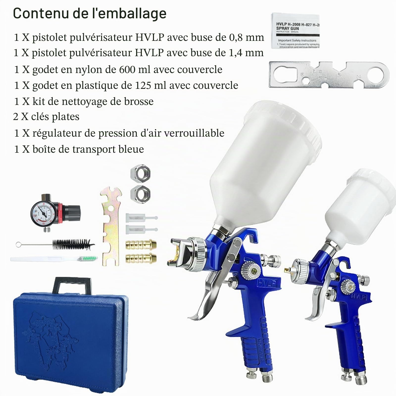 HVLP Pistolet à Peinture Professionnel Kit, 2 Pistolets Pulvérisateurs avec Buses 0.8mm et 1.4mm, Régulateur de Pression d'air, Gobelets 600ml et 125ml,Nettoyage, Coffret de Transport Bleu