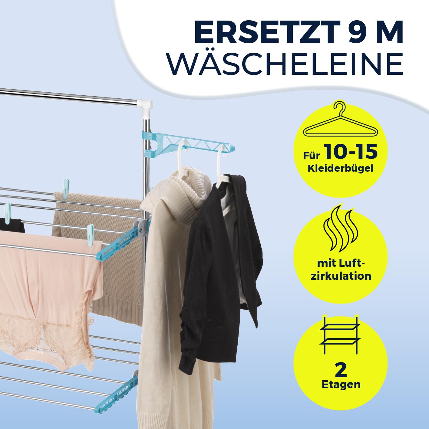 EASYmaxx Elektro-Wäscheständer 900 | elektrischer Wäscheständer mit Rollen, 9m Trockenlänge & 2 Etagen | Turmwäscheständer mit Seitenflügeln & Luftstrom-Technologie | 138x65x148 cm