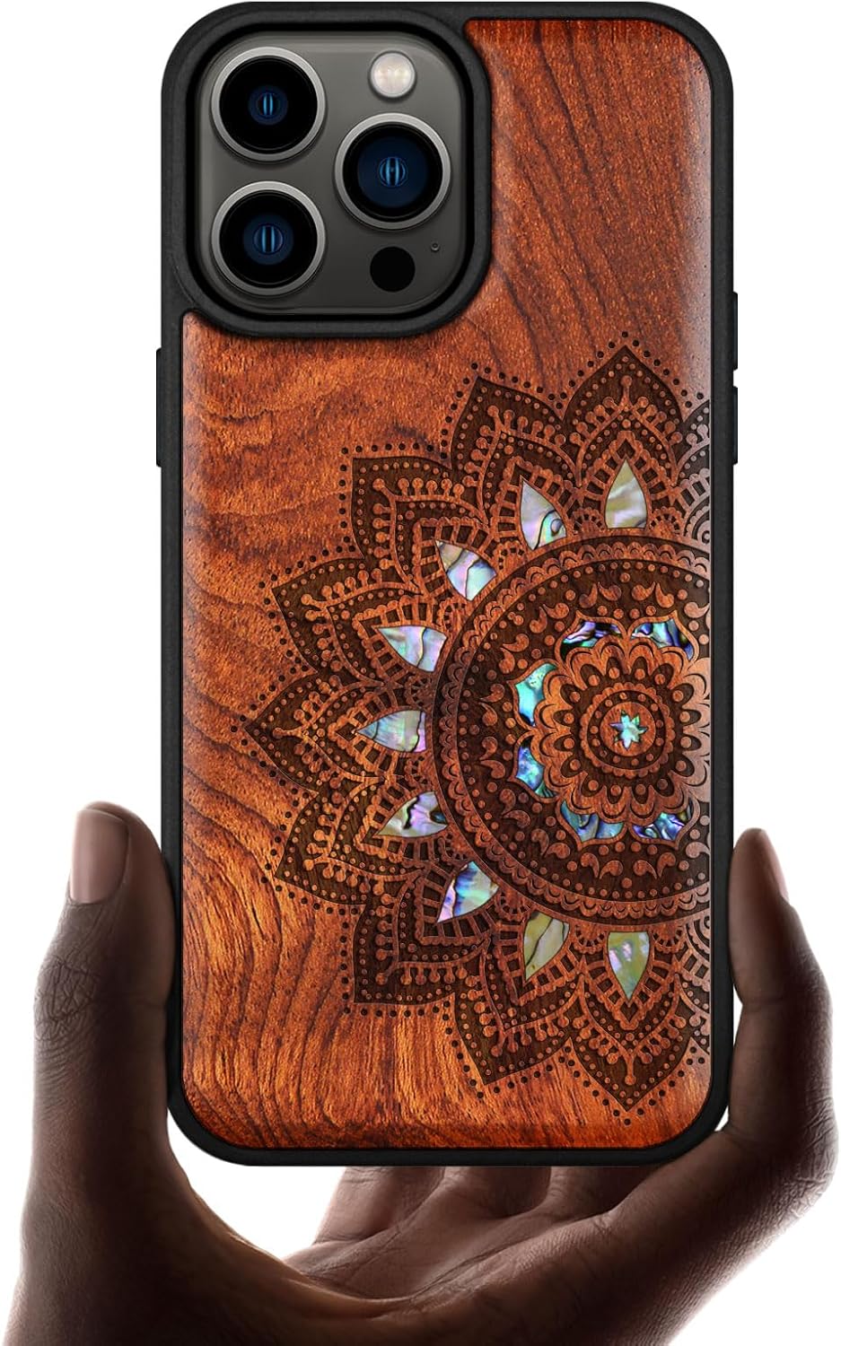 Carveit Designer Wooden Protective Magnetic Case for iPhone 14 Pro Max Case [Wood Engraving & Shell Inlay] Compatible with 14 Pro Max MagSafe (Mandala Art-Rosy)