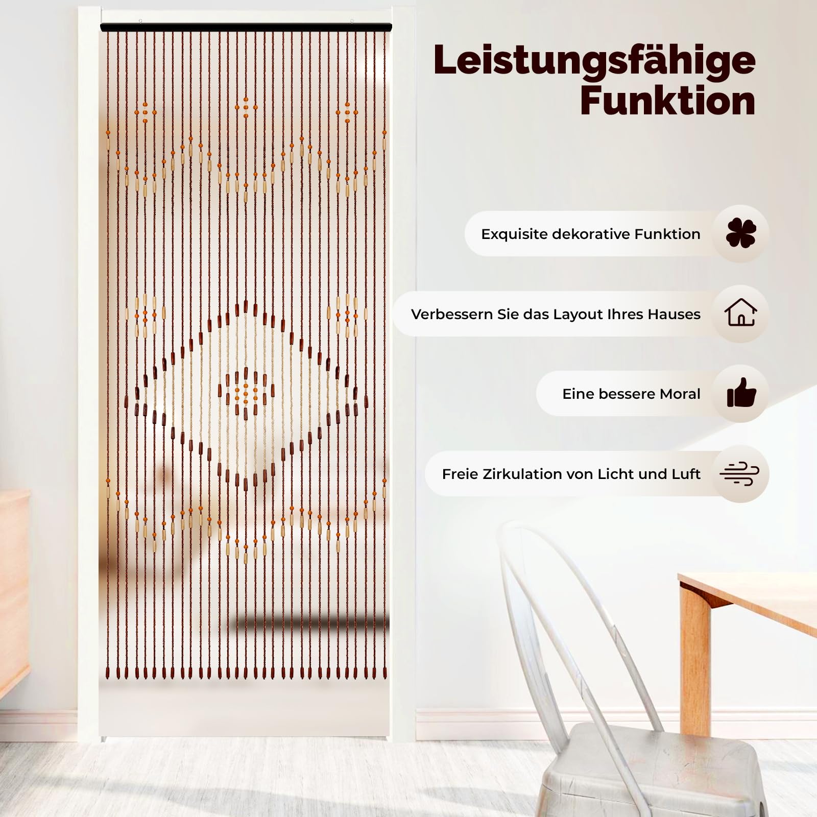 Perlenvorhang Holz Türvorhang Perlen 90x208cm Perlenvorhang Balkontür aus Naturbelassenem Holz, Perlenvorhang Türvorhang Handgefertigt Raumteiler für Schlafzimmer