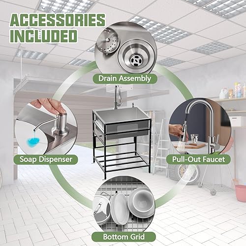 Vista 42 de Fregadero utilitario, fregadero independiente de acero inoxidable de 25 x 18 pulgadas, practicidad con accesorios: grifo de cocina, dispensador