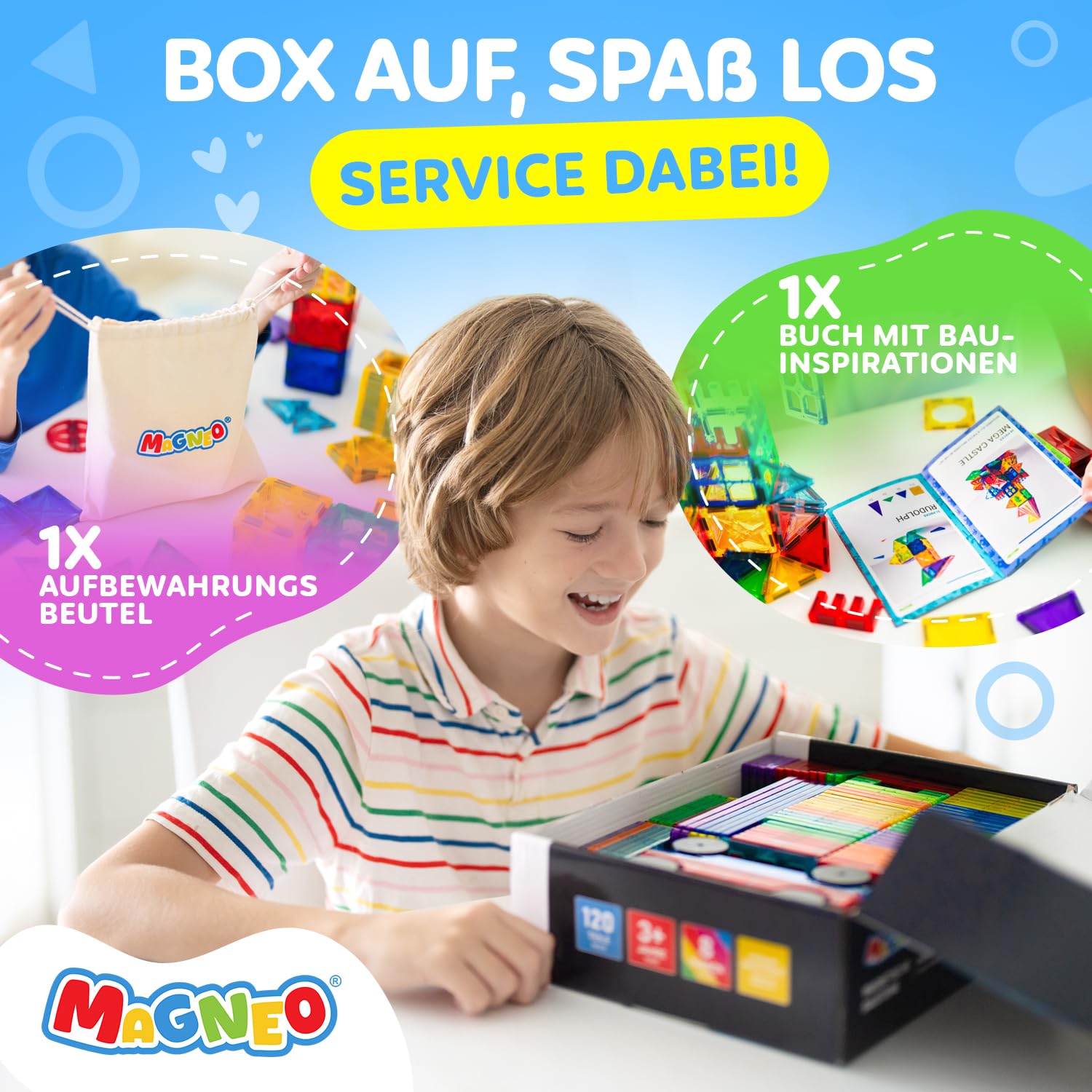 Magnetische Bausteine 120 teilig mit 2 Autos - Magnetbausteine für Kinder ab 3 Jahren - Pädagogisches Magnetspielzeug