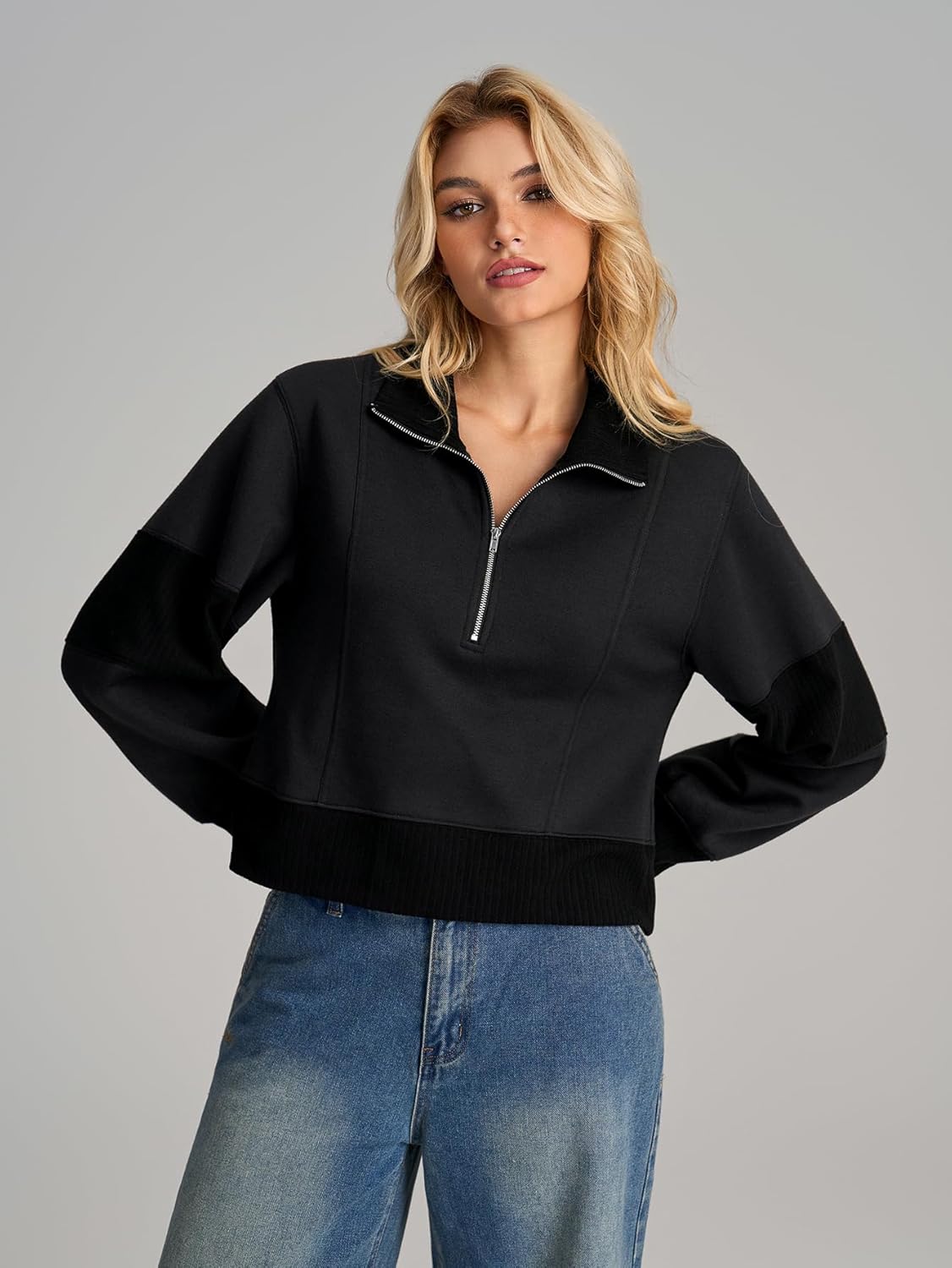 KUTUMAI Women Pullover Half Zip Patchwork Sweatshirt Casual Long Sleeve Top Fall Fashion Outfits 2025 - Image 6