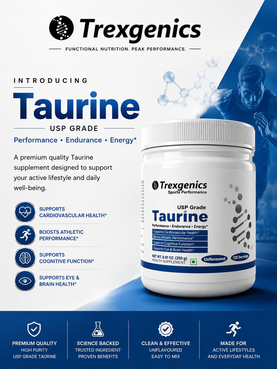 Trexgenics TAURINE USP grade PURE POWDER Nervous System, Energy, Heart, Cardiovascular system, Brain, Eye Health Support (250 GRAM) 2