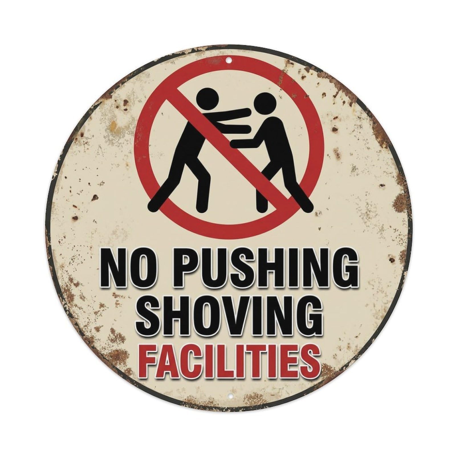 Metal Tin Sign No Pushing Shoving Facilities Warning Sign