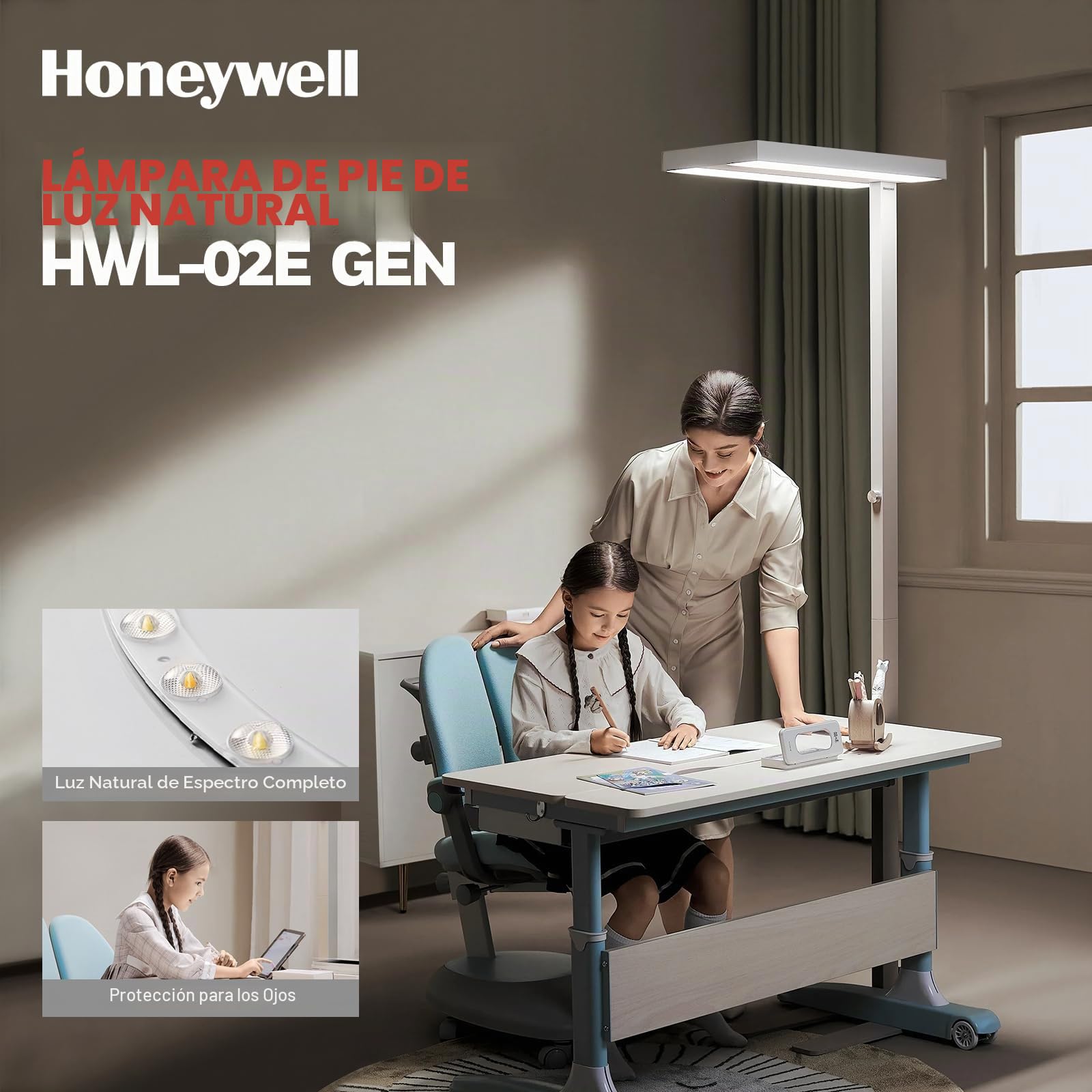 Honeywell 02E Lámpara De Pie LED, 8000LM Sunturalux Protectora Ocular | 4000K, 80W luz natural, lámpara de lectura regulable, lámpara de pie moderna para oficina, salón y dormitorio