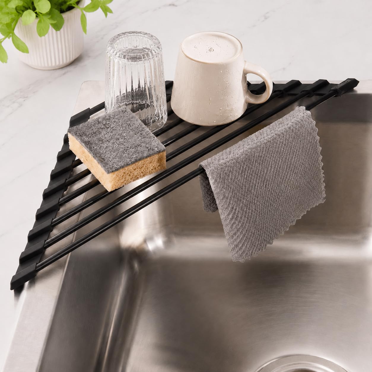 Triangle Roll-Up Dish Drying Rack for Sink Corner, Silicone Coated Metal Draining Board Rack, Space-Saving Drying Rack Kitchen, Multipurpose Plate Rack Sink Drainer for Kitchen Storage & Organisation,