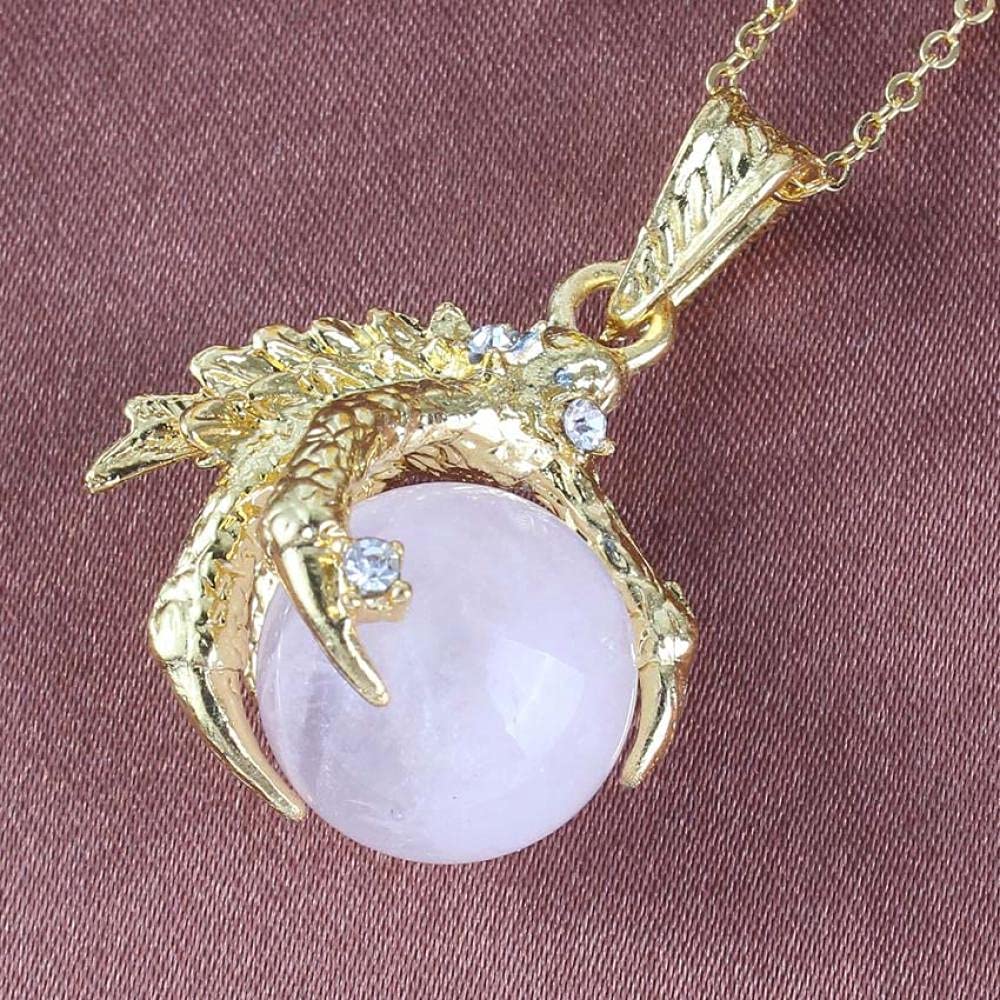 Natural Stone Dragon Claw Pendant Healing Crystal Quartz Amethysts Round Beads Stone Pendants Necklace Link Chain Jewelry-Rose Quartz