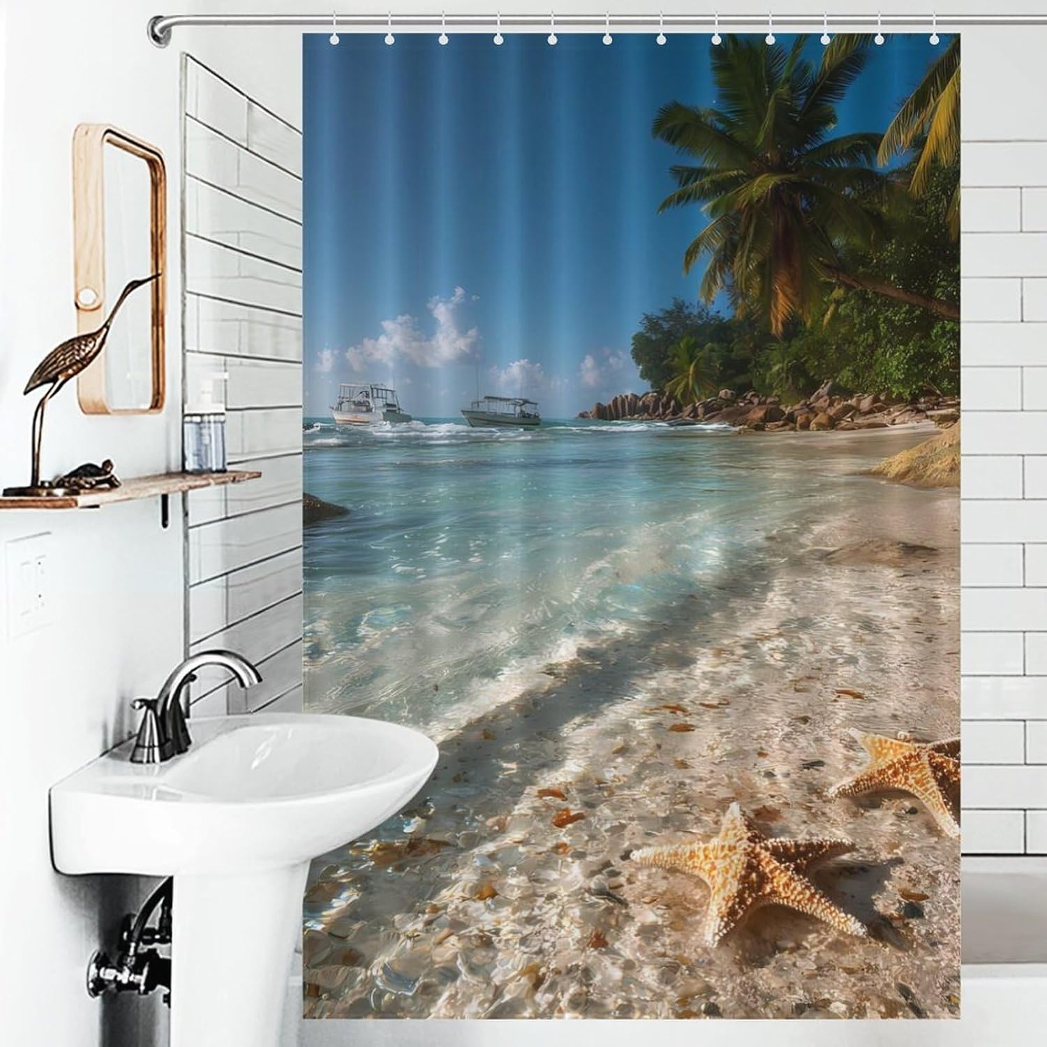 Beach Starfish Wave Seawaves Shower Curtain 46.85x70.87Inch（119x180cm） Polyester Bath Curtain Shower Curtains Printed Decorative
