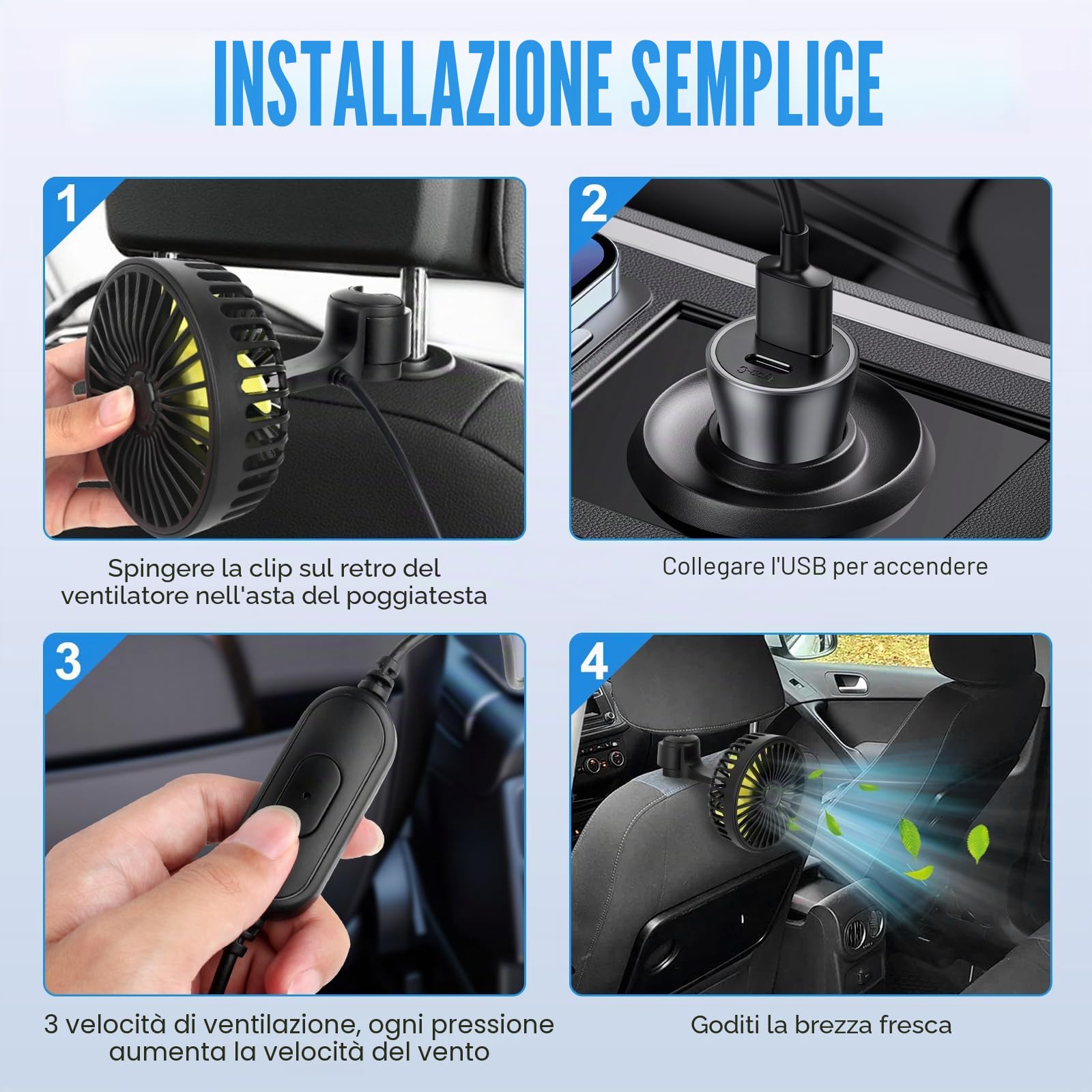 Ventilatore per sedile posteriore, auto ventilatore di raffreddamento, silenzioso, con 3 velocità, regolabile a 360°, USB, per camion, furgone