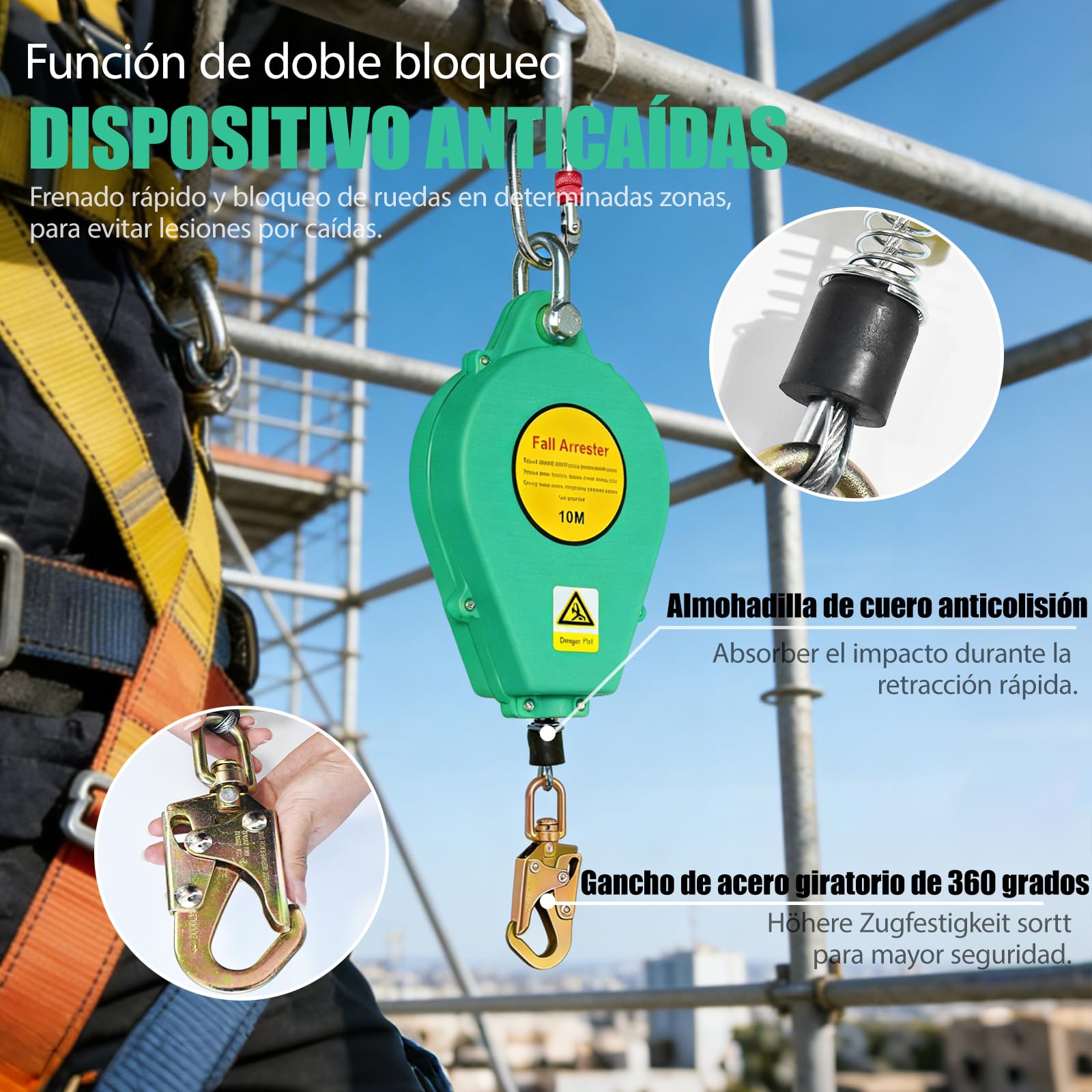 Dispositivo Anticaídas Retráctil, Dispositivo de Seguridad en Altura 10 M | 360°Gancho de Seguridad Industrial, Ideal Para Construcción, Mantenimiento y Arnés Escalada