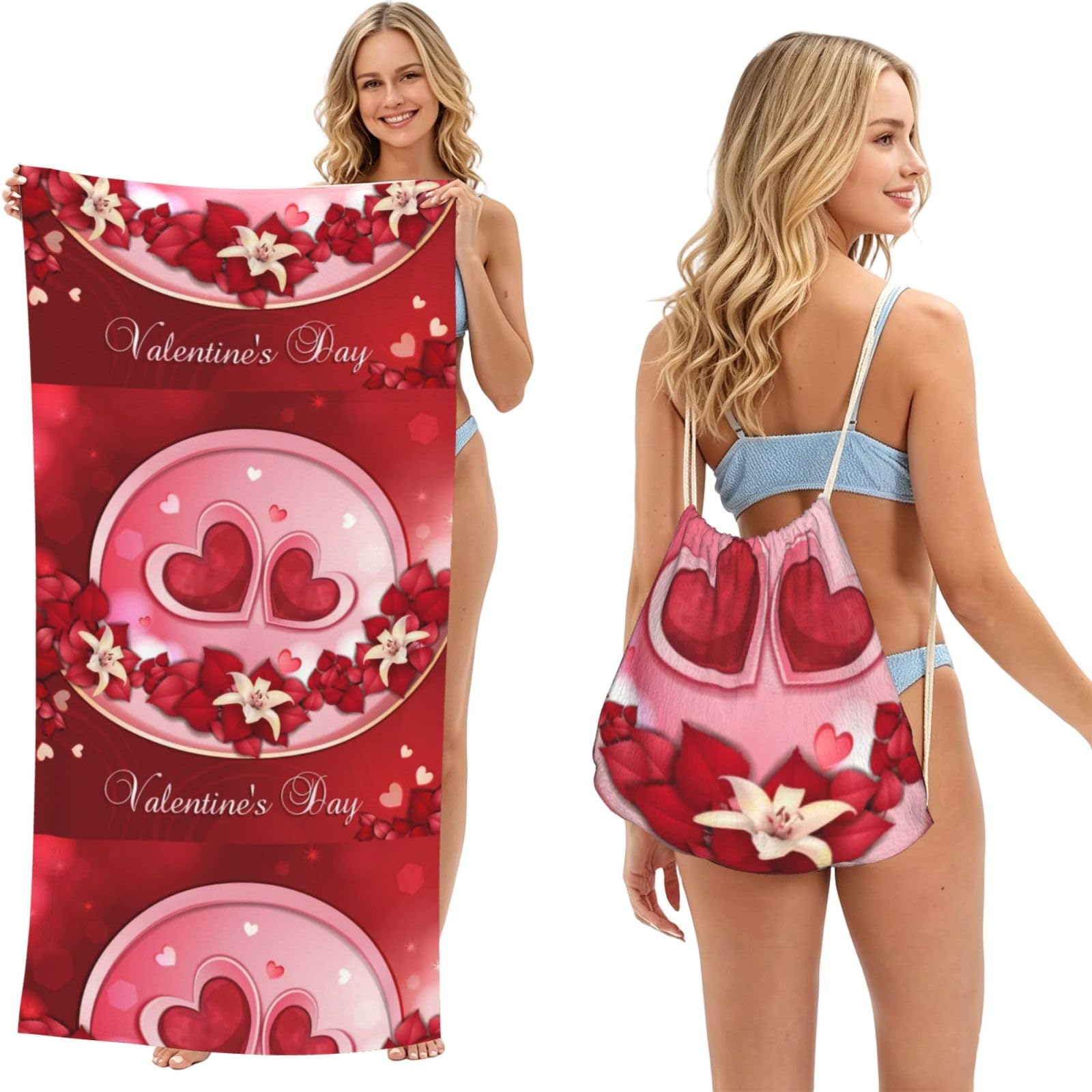 Poadnly As Picture Happy Valentine's Day, 2 In 1 Packable Towel Bag, Beach Towels With Drawstring Backpack For Travel Holiday Camping