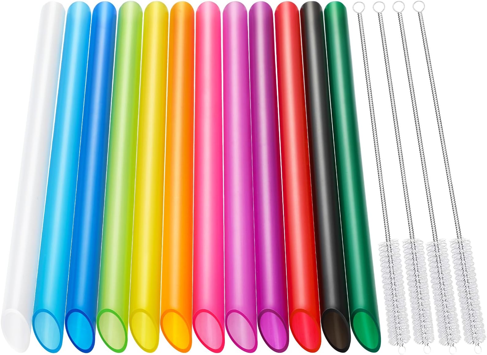 Angled Tips, 12 Pcs Wide Reusable Bubble Tea Straws with 4 Brushes - Multi Colors Jumbo Smoothie Straws, BPA FREE Plastic Straw for Bubble Tea (Tapioca, Pearls), Milkshakes