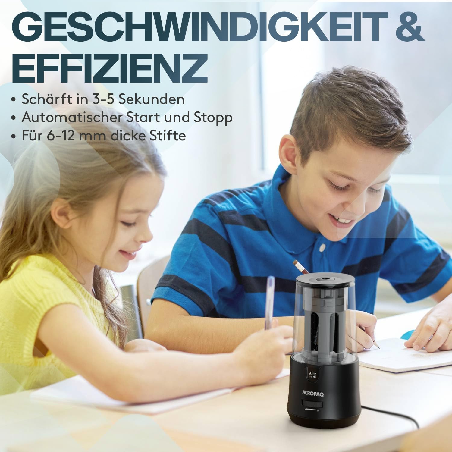 ACROPAQ Elektrischer Bleistiftspitzer für 6-12 mm Bleistifte, scharfe und stumpfe Spitze, feine Spitze in 3-5 Sekunden, Schwarz, Bleistiftspitzer mit Reservoir