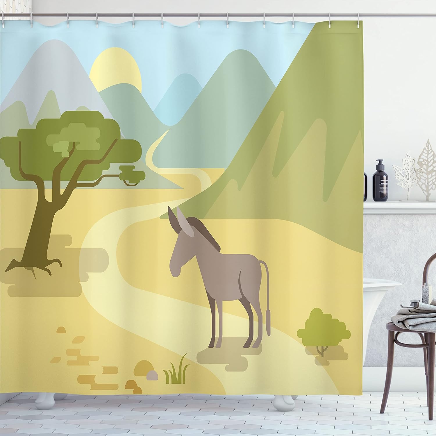 Ambesonne Donkey Shower Curtain, Flat Design Habitat with a Donkey in The Mountains Wildlife Zoo Animals Cartoon, Cloth Fabric Bathroom Decor Set with Hooks, 69" W x 70" L, Multicolor