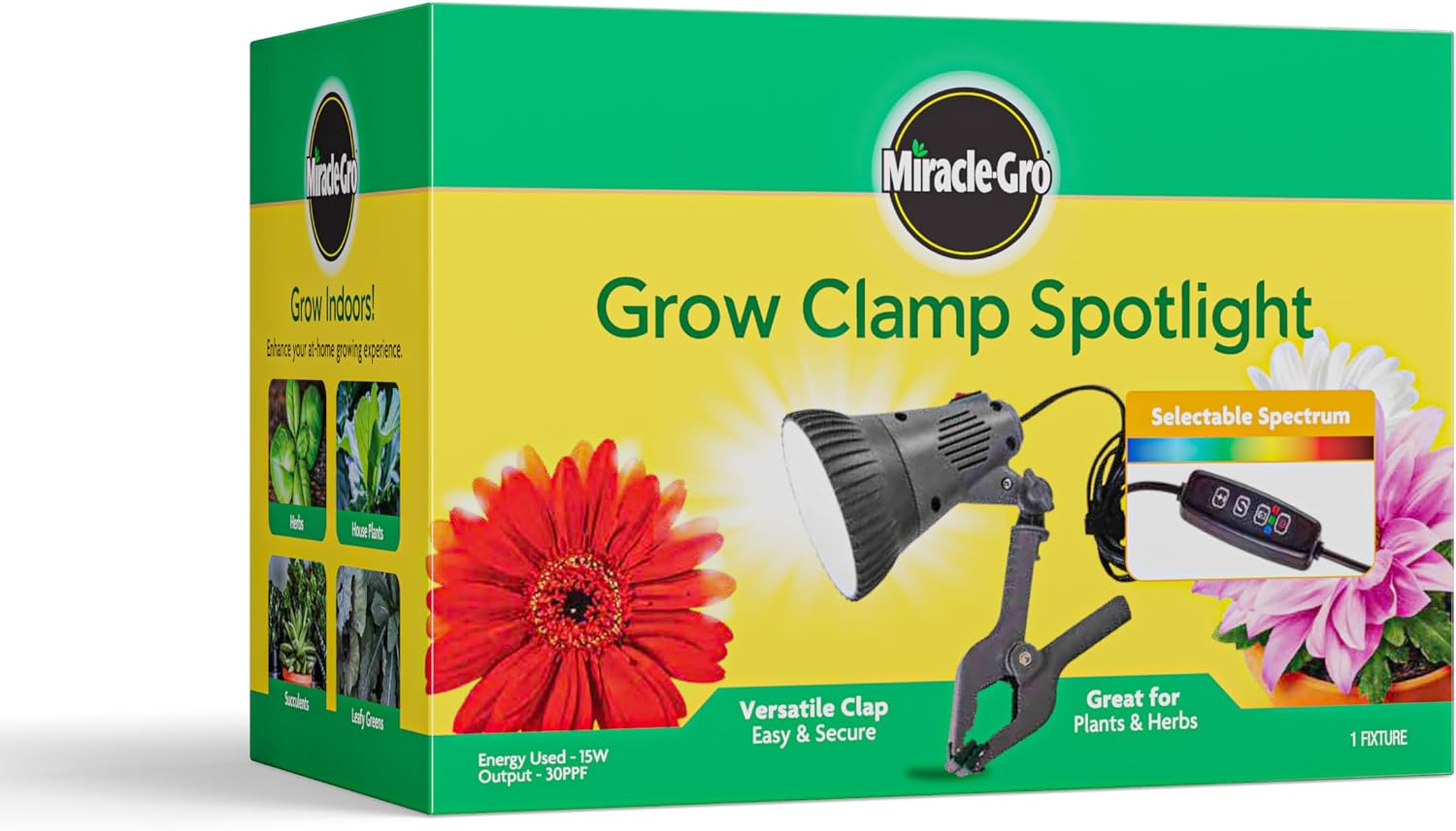 Miracle-Gro Indoor Grow Light Clamp Spotlight with Controller | Full Spectrum 15W LED for Plants, Grow Lights for Indoor Plants, LED Grow Lights