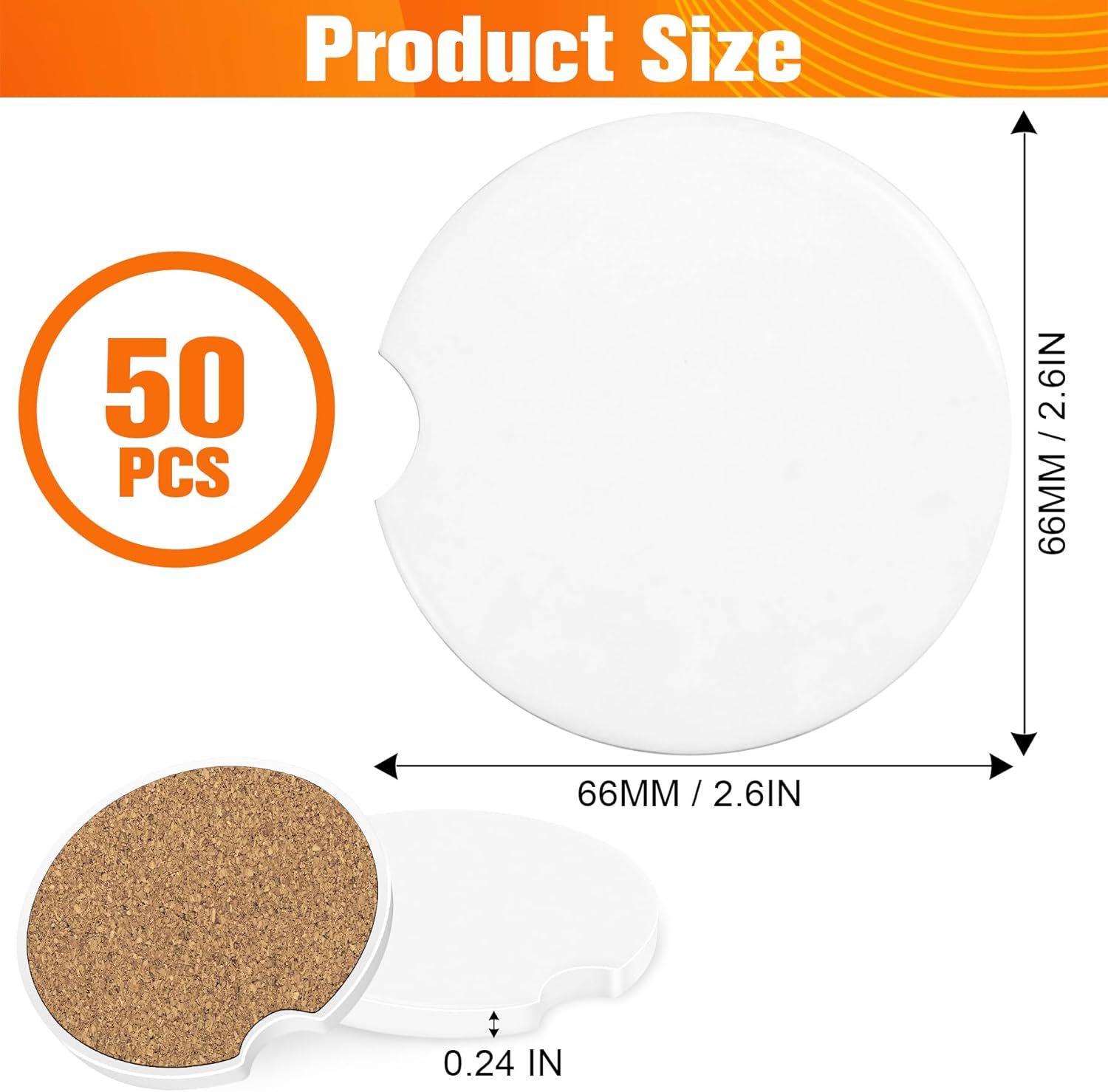 50 PCS Sublimation Car Coasters Blanks Ceramic Tiles Bulk, 2.6 IN Ceramic Car Coasters with Finger Notch for Easy Removal 50 Cork Sticker Back, Round Coaster Sublimation for Heat Transfer DIY Painting