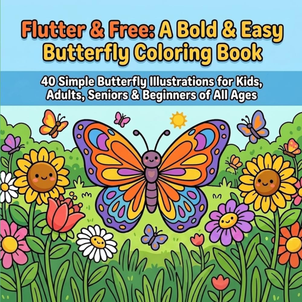 Flutter & Free: A Bold & Easy Butterfly Coloring Book: 40 Simple Butterfly Illustrations for Kids, Adults, Seniors & Beginners of All Ages (Bold and Easy)