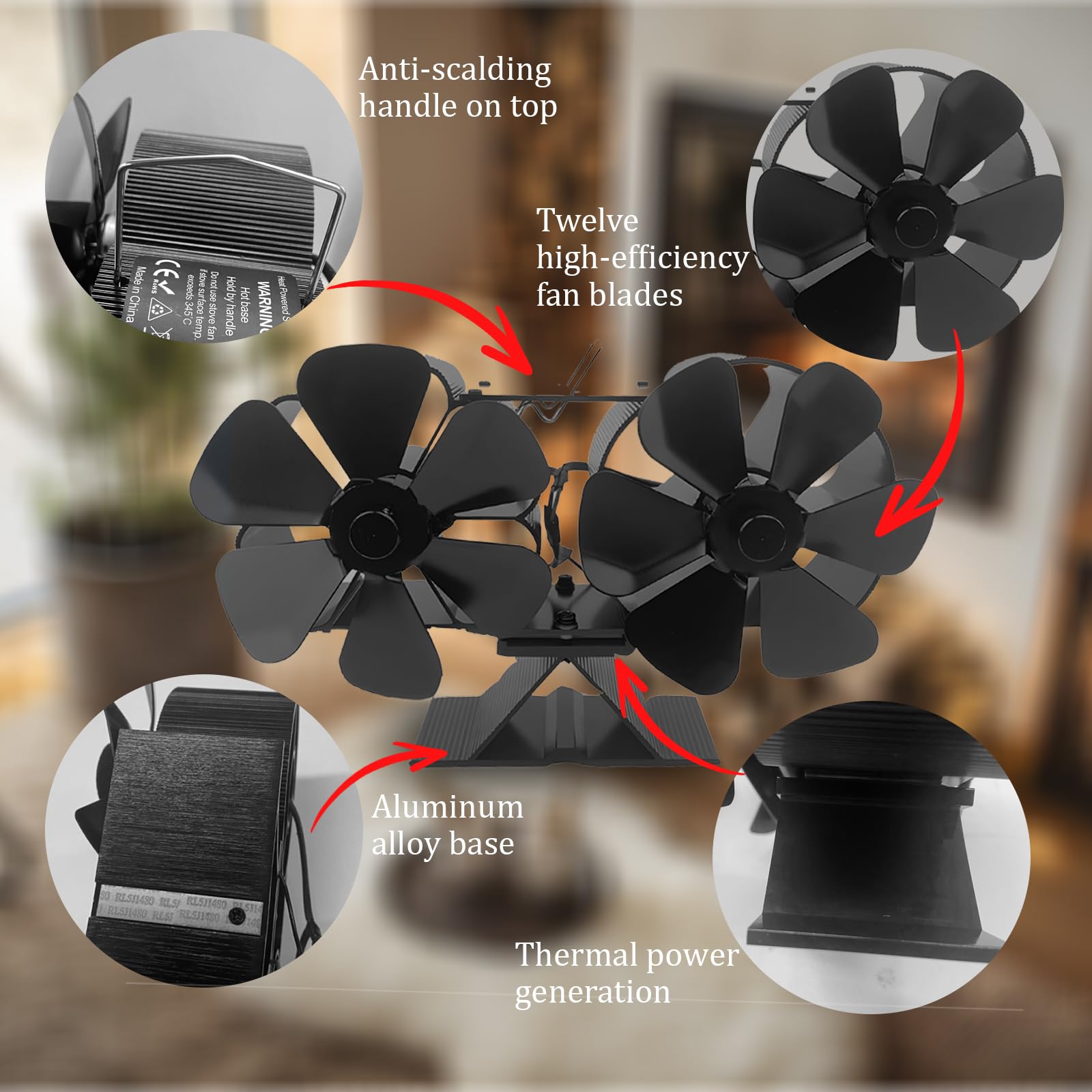 Ventola per Stufa a Legna,Ventilatore a Doppio Motore 12 Pale, Ventilatore per Camino Efficiente Dal Punto di Vista Termico/Silenzioso/in Alluminio,per Bruciatore di Tronchi,Stufa,Camino-Nero