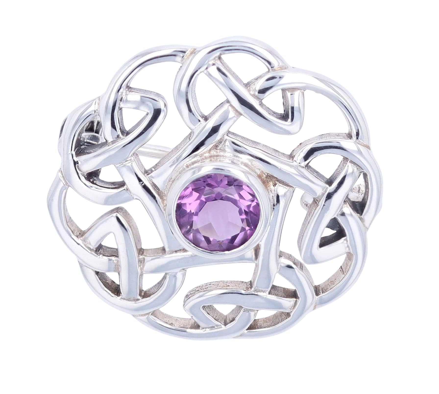 Round Irish Celtic Thistle Sterling Silver Brooch Pin with Purple Amethyst