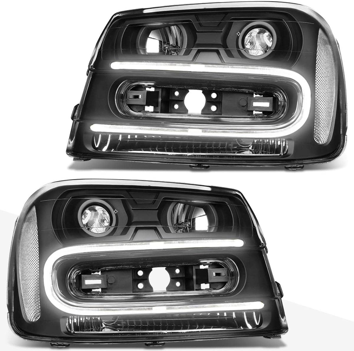 PM PERFORMOTOR PMHL-CTRA-0206-P-BC Black Housing Clear Corner Projector Headlights With LED Running Light Replacement Compatible with 02-09 Chevy Trailblazer