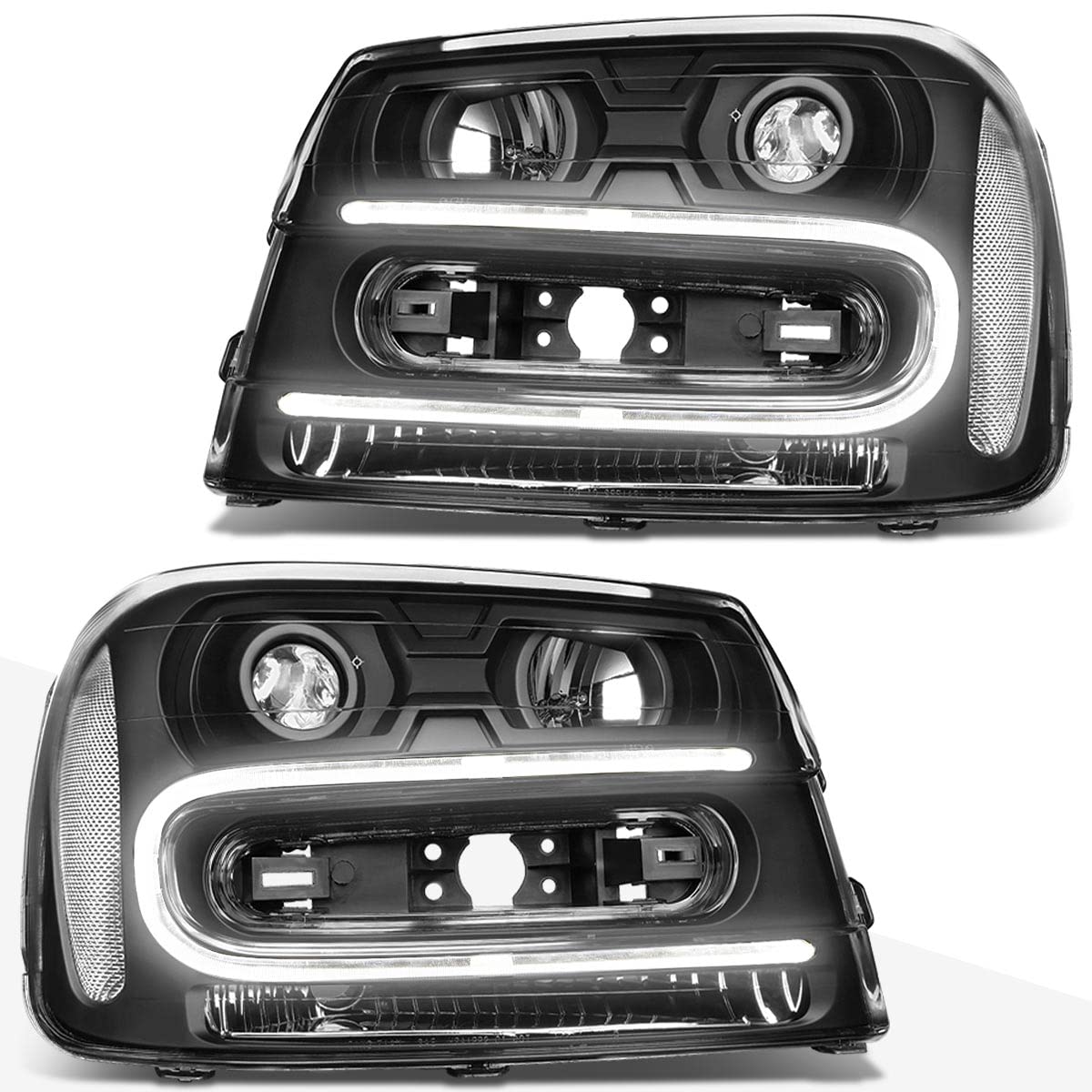 PM PERFORMOTOR PMHL-CTRA-0206-P-BC Black Housing Clear Corner Projector Headlights With LED Running Light Replacement Compatible with 02-09 Chevy Trailblazer
