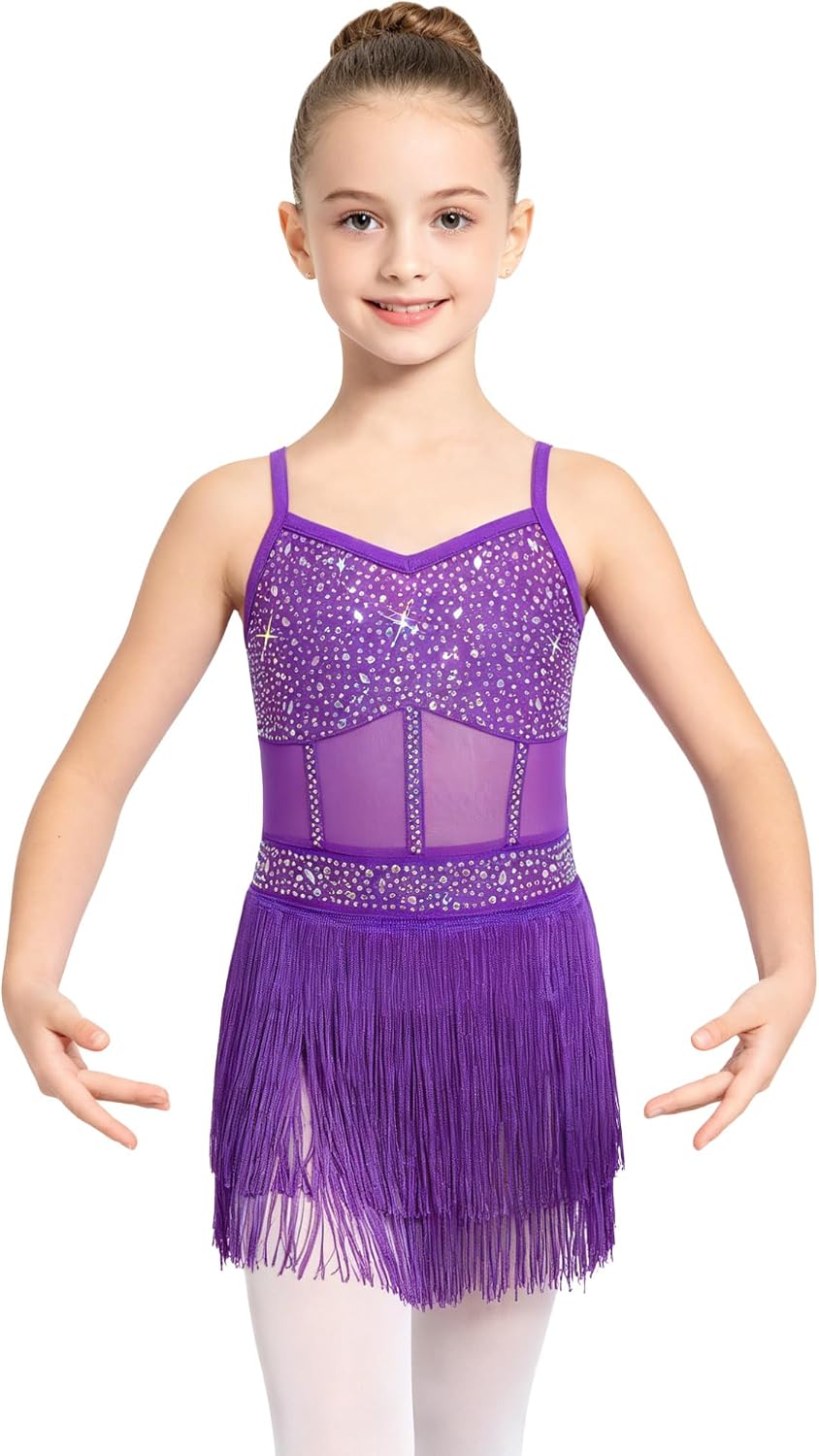 FEESHOW Girls Glitter Rhinestone Tassel Latin Dance Dress Sparkly Fringe Skirted Leotard Jazz Salsa Ballroom Dancewear
