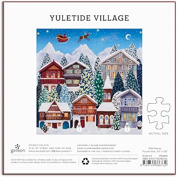 Galison - Yuletide Village 500 Piece Jigsaw Puzzle for Adults | Illustrated by Claire Winteringham, Christmas, Winter, Holiday, Challenging, Recycled Paper, No Dust, Finished Size 20 x 20