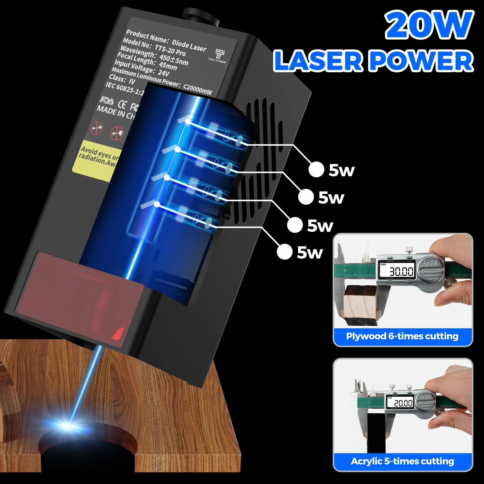 Twotree TTS-20 Pro 20 W Machine à graver laser pour la fabrication de puzzles en bois 3D 20 W Puissance laser Machine à focus fixe 418 mm x 418 mm Zone de gravure