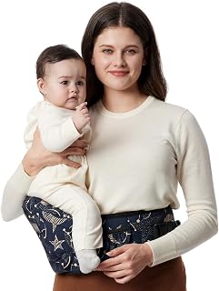 Momcozy Hip Seat Baby Carrier - Adjustable Waistband with Original 3D Belly Protector, Ergonomic Carrier with Various Pockets for Newborns & Toddlers up to 45lbs (Starry Sky, Large)