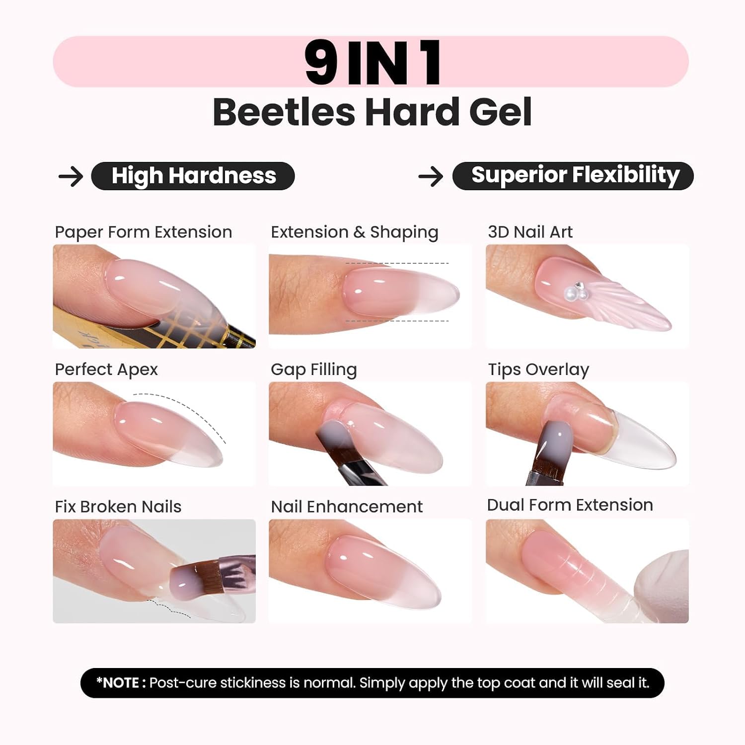 Beetles HEMA-Free Hard Gel for Nails-1.06oz 9 in 1 Jelly Pink UV/LED Lamp Cured Sculpting Stengthener Gel for Nail Extension & Nail High Hardness for Manicurist Women