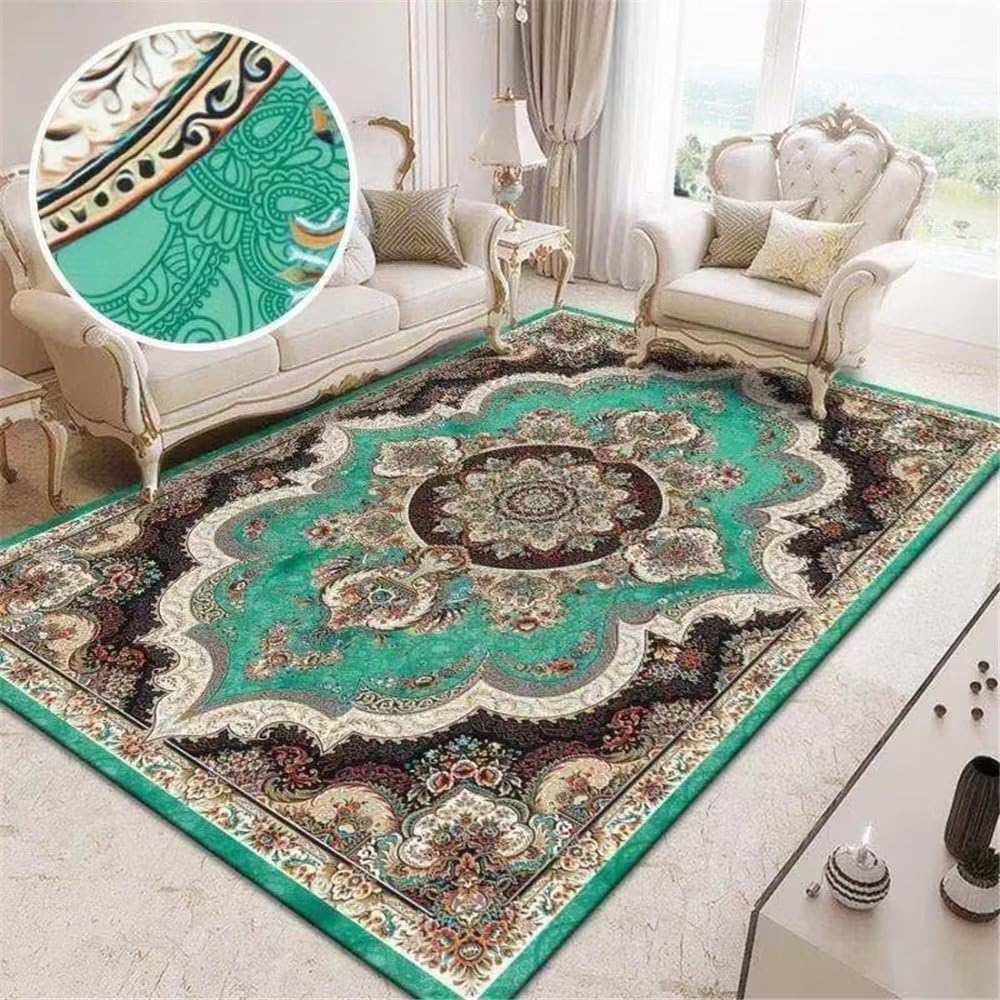 Tapis doux vert 200x250cm grand format aux finitions géométriques
