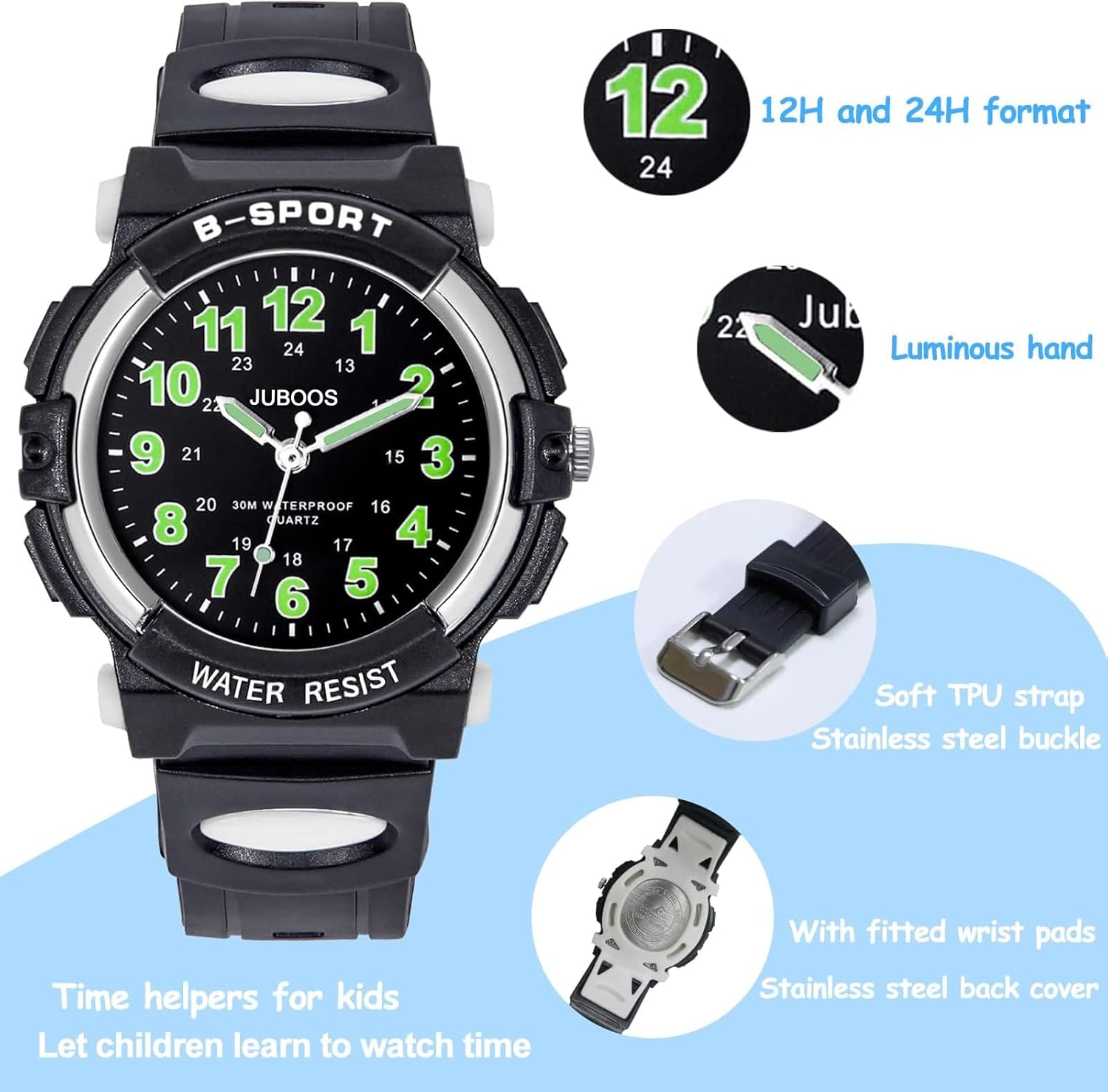 Close-up of Juboos Kids Analog Watch dial showing 12H and 24H formats, luminous hands, soft TPU strap, and stainless steel back cover