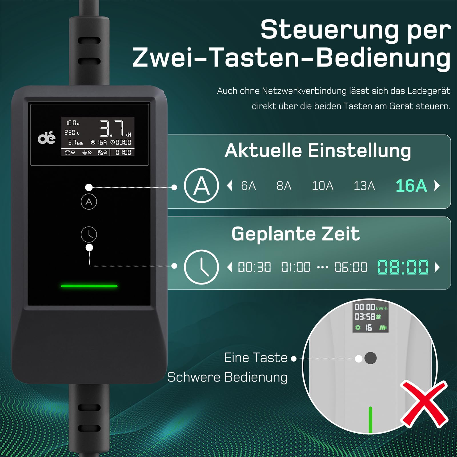 dé Typ 2 Ladekabel Schuko 3,7kW [6-16A, 1-phasig] Ladekabel Typ 2 Schuko mit Digitalem LCD - EV Charger 3,7kW für e Auto ID.3/4/5/7, Model Y/3, ENYAQ und Anderen PHEV/EV, 6,5m Schwarz