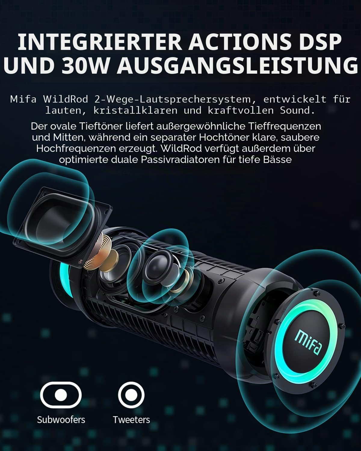 MIFA WildRod Bluetooth Lautsprecher mit Bluetooth 5.3, IP67 wasserdicht & staubdicht, 30W Wiedergabeleistung, 12H Akku, USB-C Ladeschluss und Mikro-SD Musikspielen, RGB-Licht