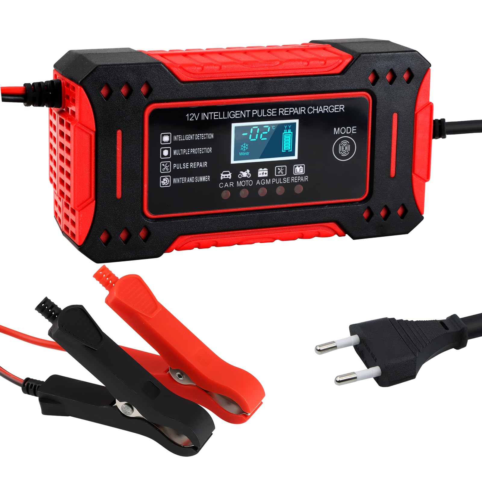 Chargeur Batterie Voiture 12V/6A Intelligent, Chargeur de Batterie Automatique avec Affichage Numérique pour Auto Moto Bateau Tondeuse à Gazon et Camion, Ajuste Tension Selon Température